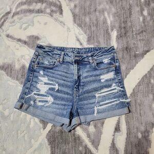 American Eagle Outfitters High Rise Distressed Blue Denim Rolled-Hem Shorts
